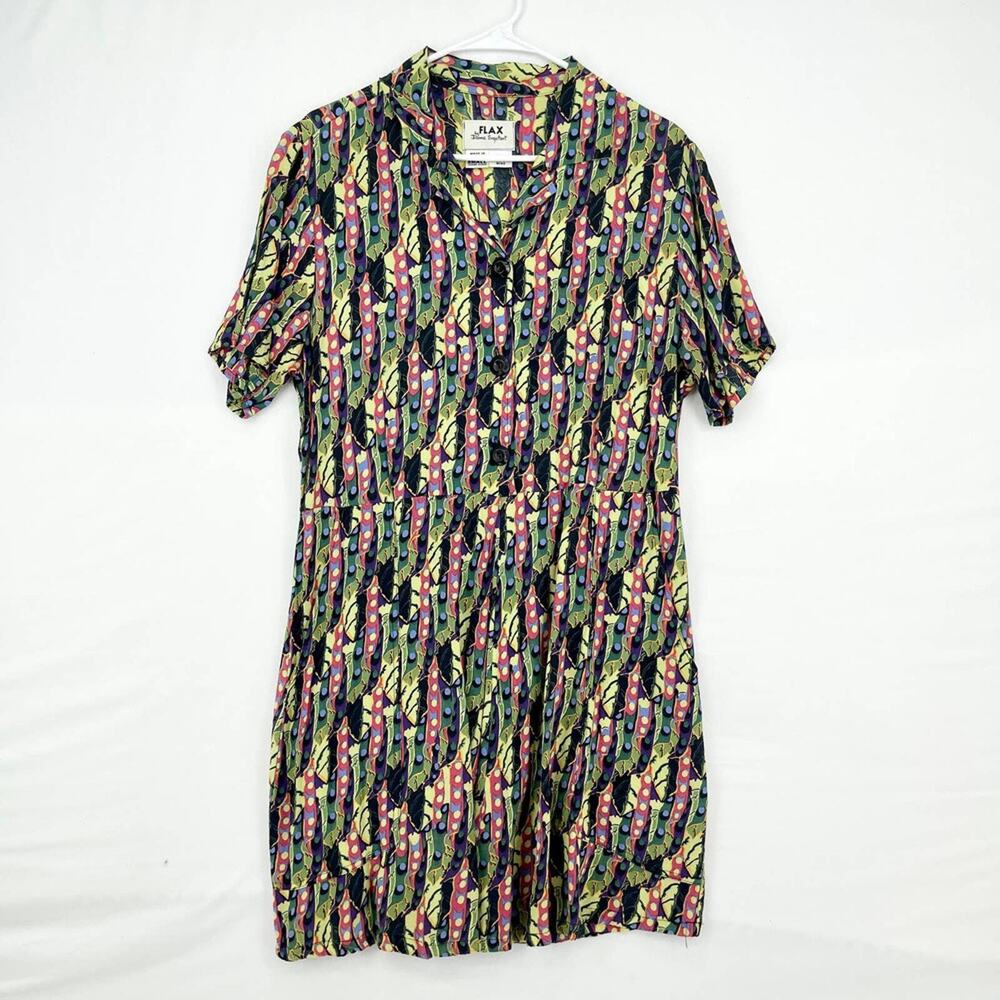 Flax 100% Rayon Multi Geometric Button Up Mini Dress Size Small‎